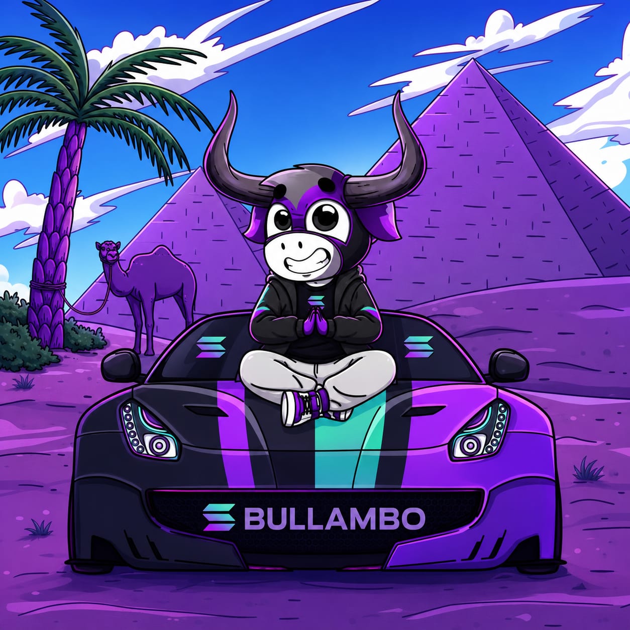 Bullambo mascot sitting on a purple supercar in front of Egyptian pyramids